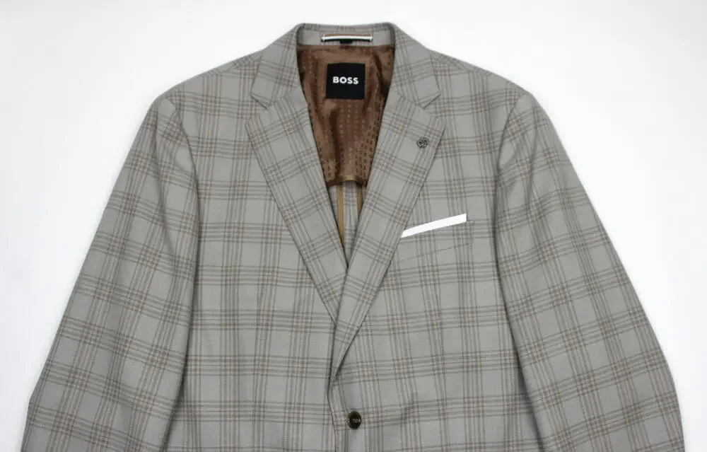 Hugo Boss H-Hutson-233 Blazer Mens 44 L Beige Plaid Wool Slim Fit Sport Coat